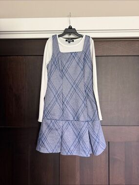 Trixxi Girl Blue Plaid A-Line Dress with White Long sleeve Top size Large